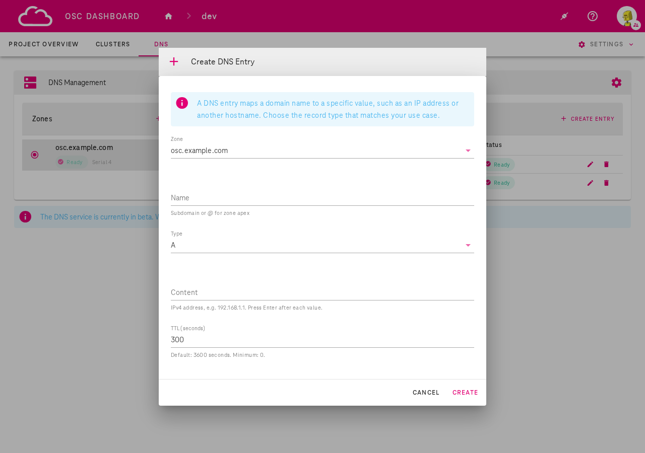 Create DNS Entry dialog