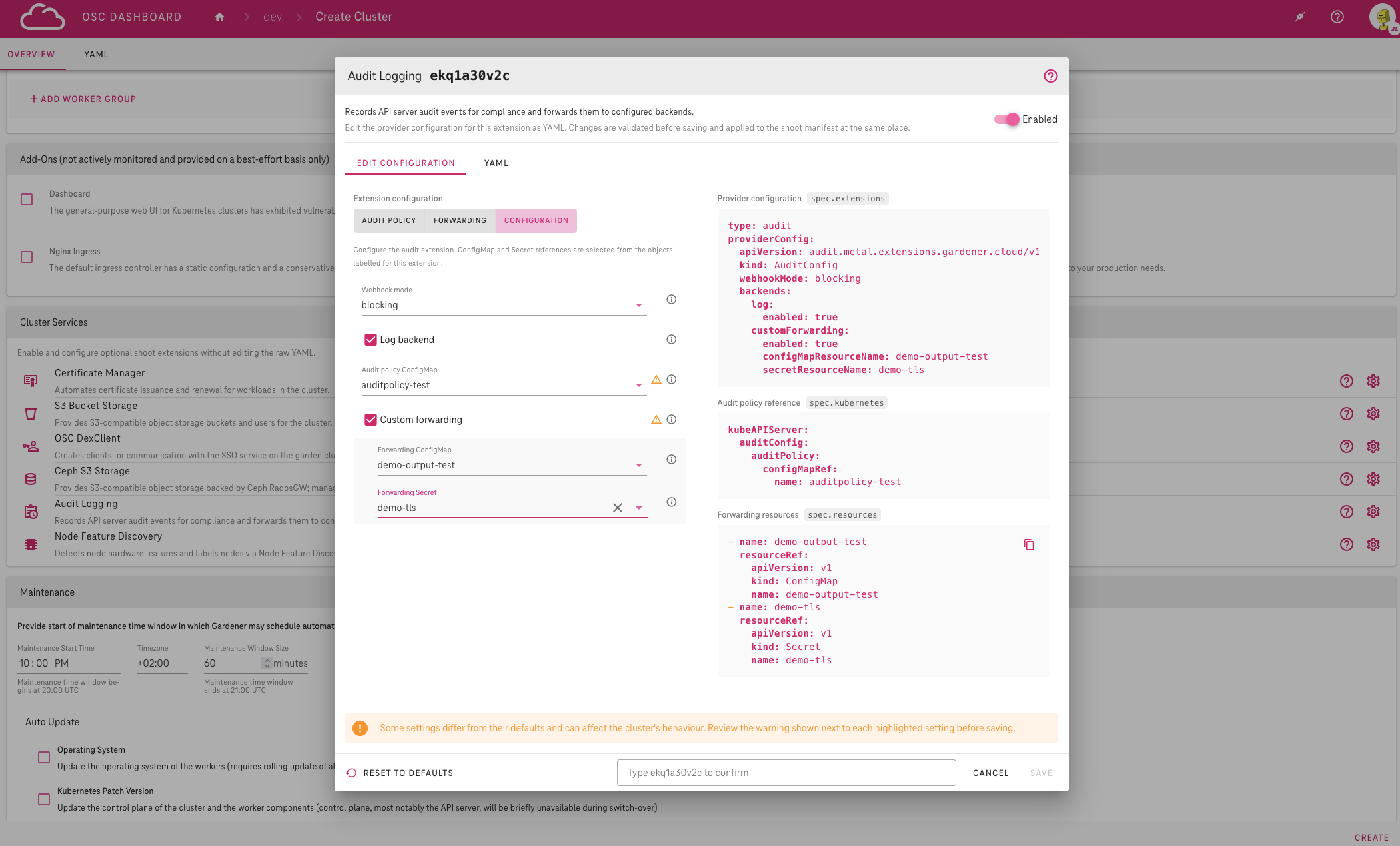 Audit Logging dialog — Configuration step