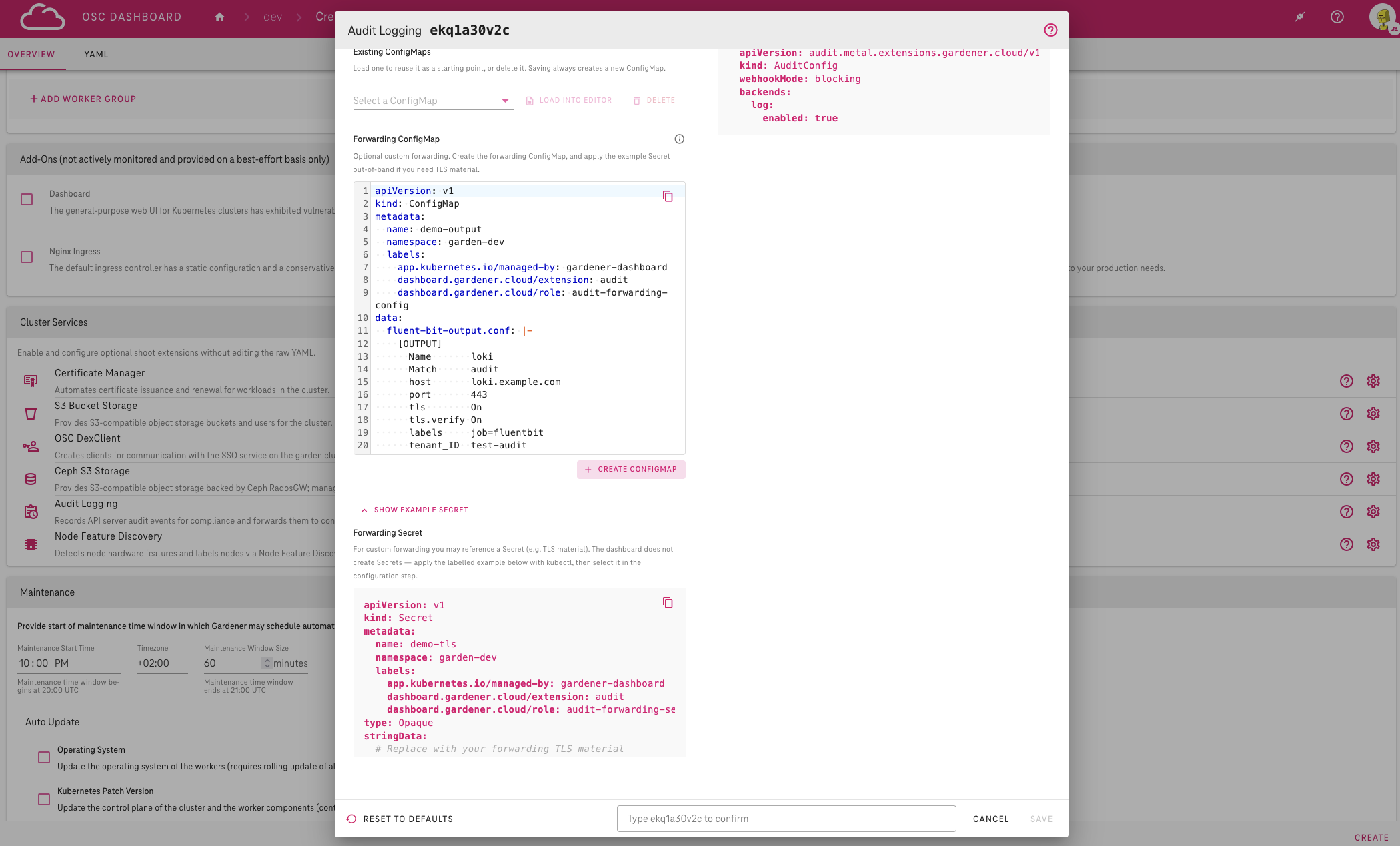 Audit Logging dialog — Forwarding step