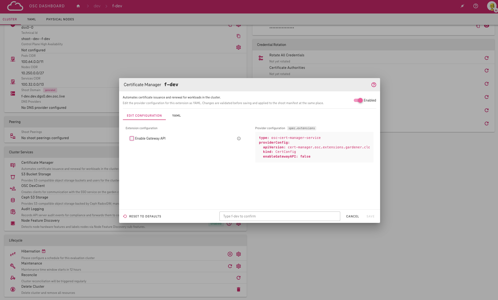 Certificate Manager configuration dialog