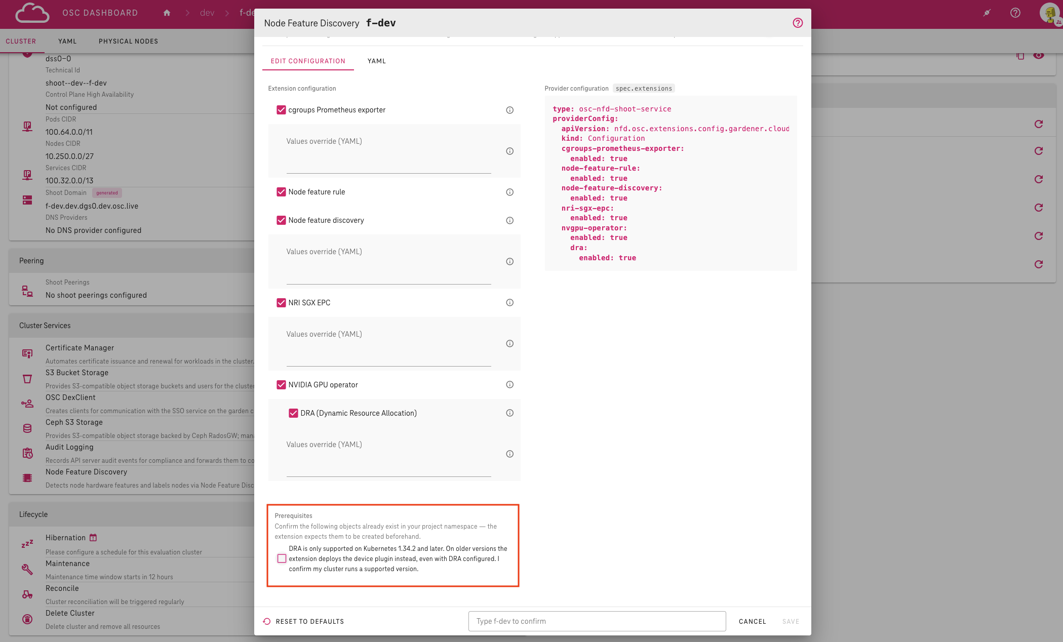 Node Feature Discovery configuration dialog