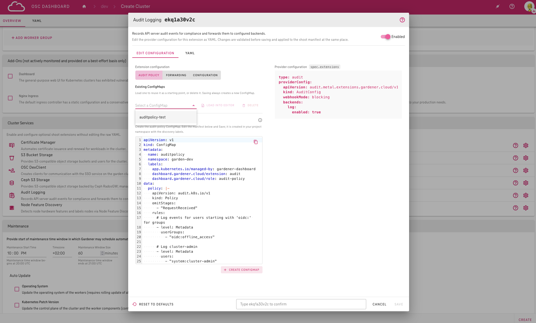 Audit Logging dialog — Audit policy step