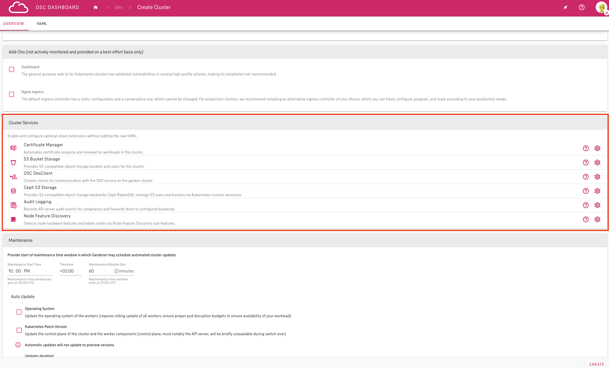 Cluster Services section in the new Shoot form