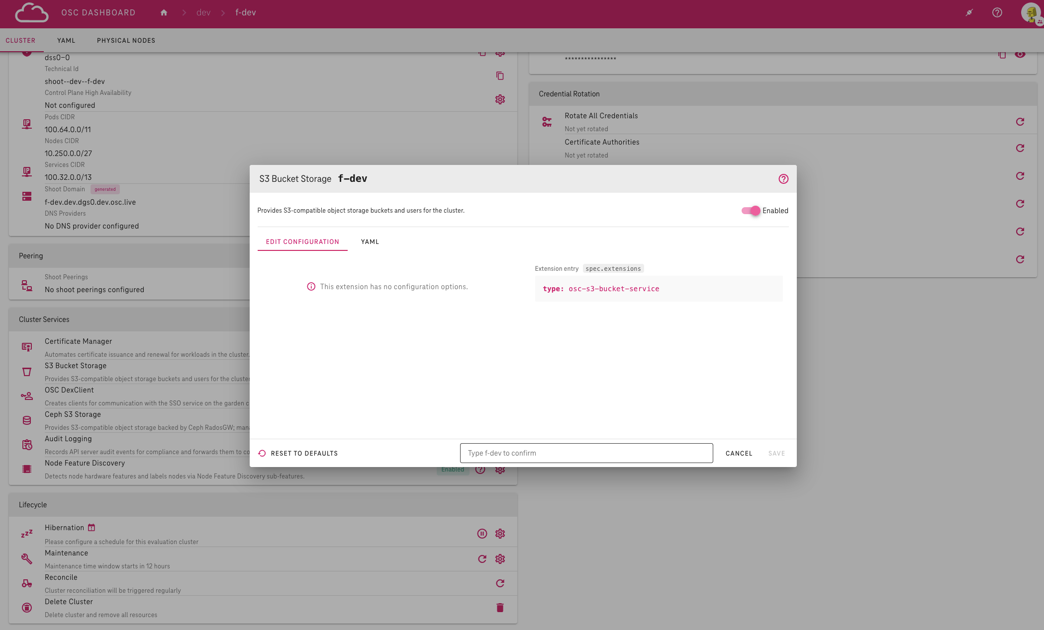 Enable/disable dialog of a simple cluster service
